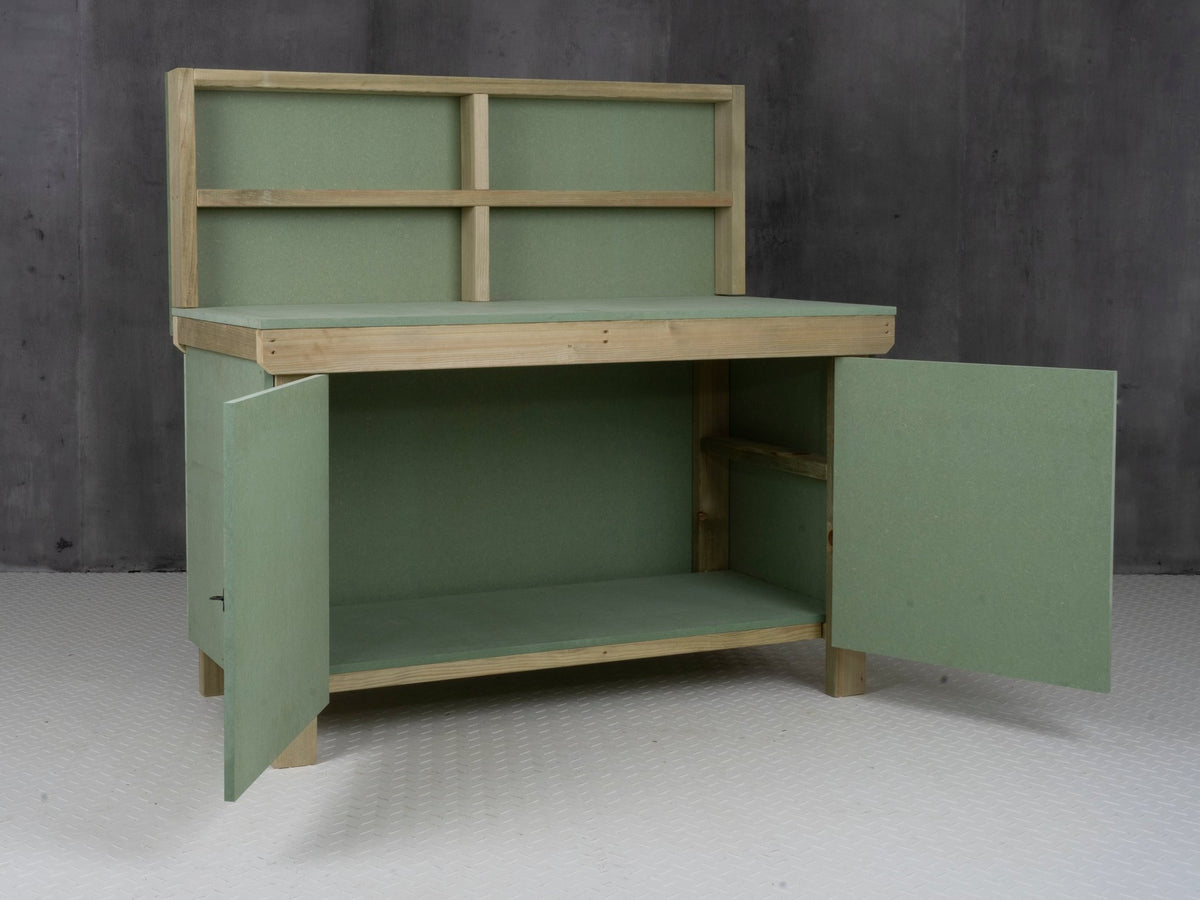 Wooden UniMDF Moisture Resistant Workbench With Lockable Cupboard (V.9) With Back panel - SGP Garden Ltd