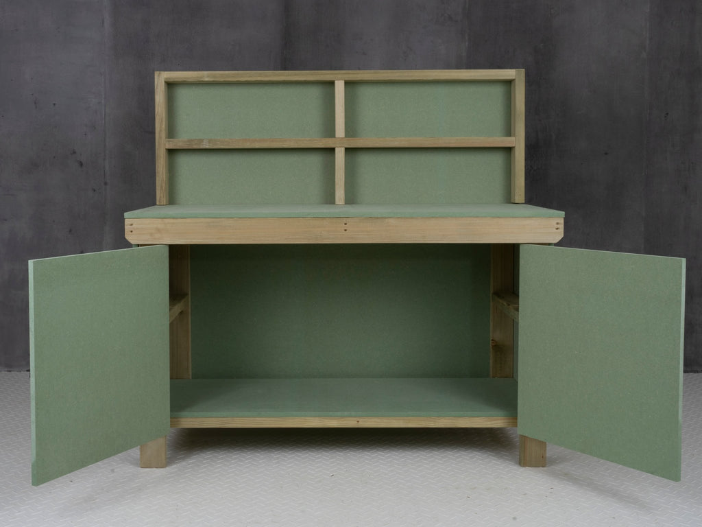 Wooden UniMDF Moisture Resistant Workbench With Lockable Cupboard (V.9) With Back panel - SGP Garden Ltd