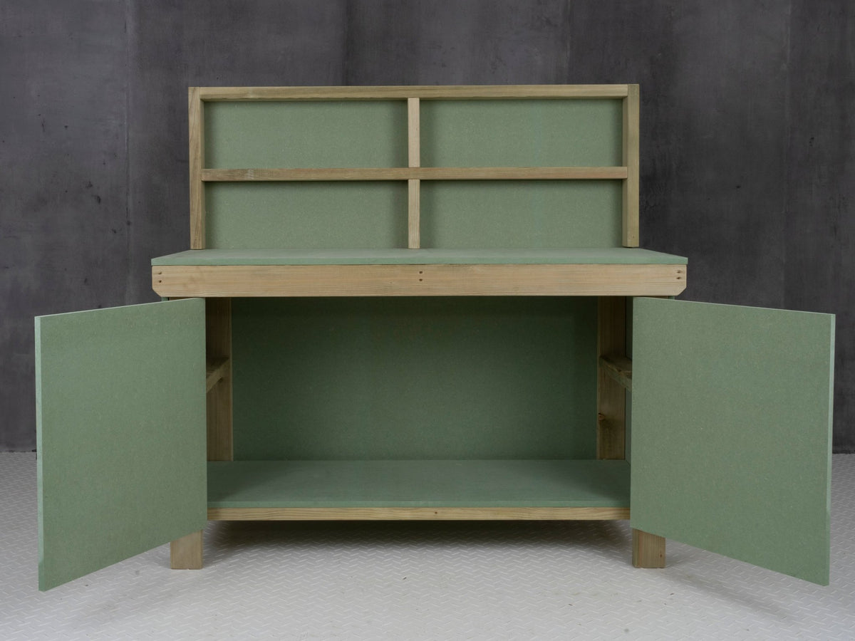 Wooden UniMDF Moisture Resistant Workbench With Lockable Cupboard (V.9) With Back panel - SGP Garden Ltd