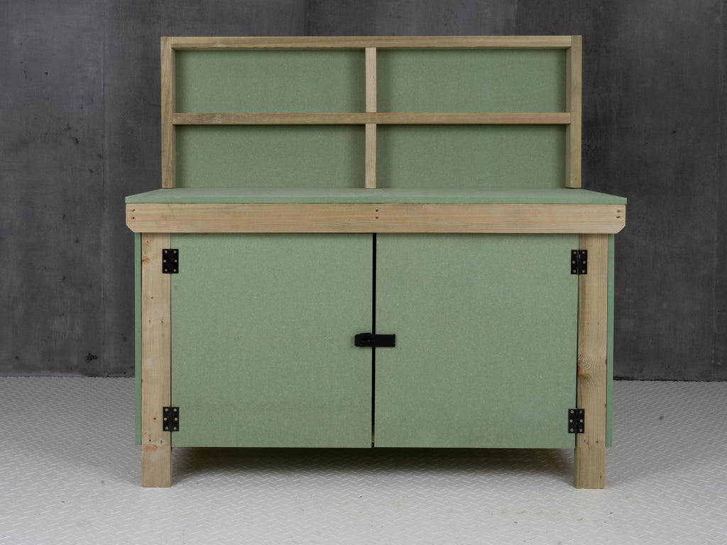 Wooden UniMDF Moisture Resistant Workbench With Lockable Cupboard (V.9) With Back panel - SGP Garden Ltd