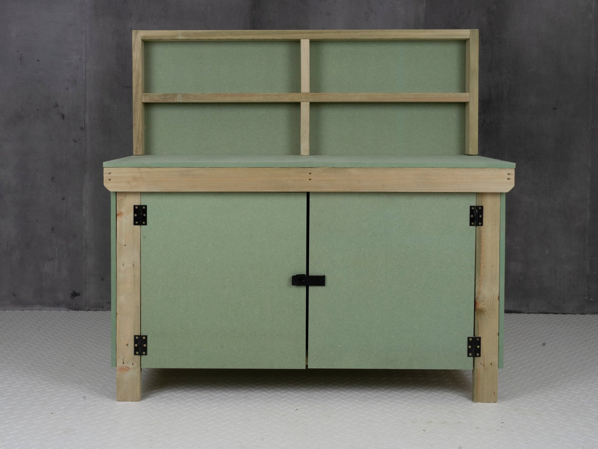 Wooden UniMDF Moisture Resistant Workbench With Lockable Cupboard (V.9) With Back panel - SGP Garden Ltd