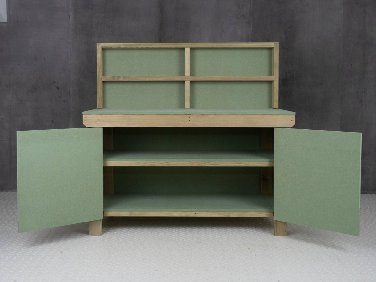 Wooden UniMDF Moisture Resistant Workbench With Lockable Cupboard (V.9) With Back panel, Double shelf - SGP Garden Ltd
