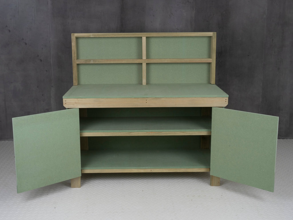 Wooden UniMDF Moisture Resistant Workbench With Lockable Cupboard (V.9) With Back panel, Double shelf - SGP Garden Ltd