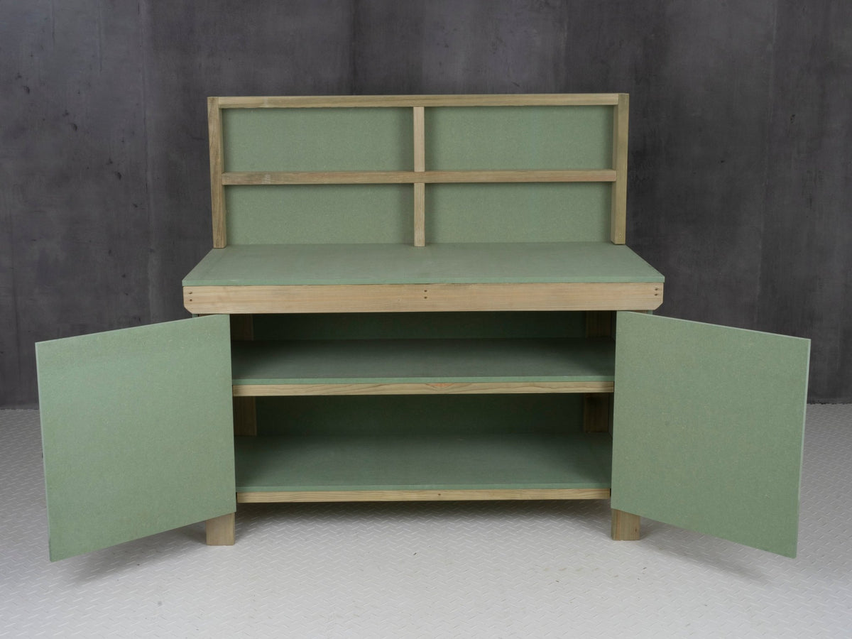 Wooden UniMDF Moisture Resistant Workbench With Lockable Cupboard (V.9) With Back panel, Double shelf - SGP Garden Ltd