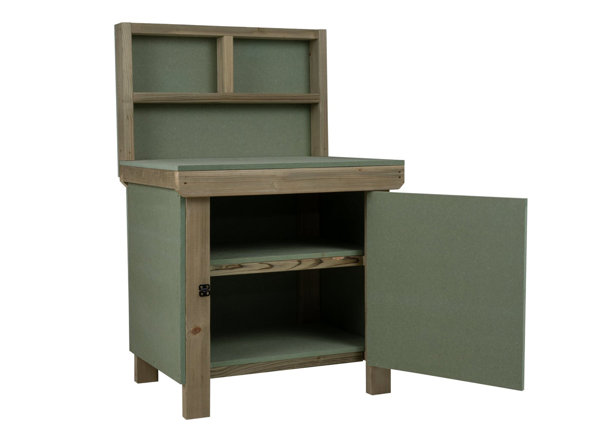 Wooden UniMDF Moisture Resistant Workbench With Lockable Cupboard (V.9) With Back panel, Double shelf - SGP Garden Ltd