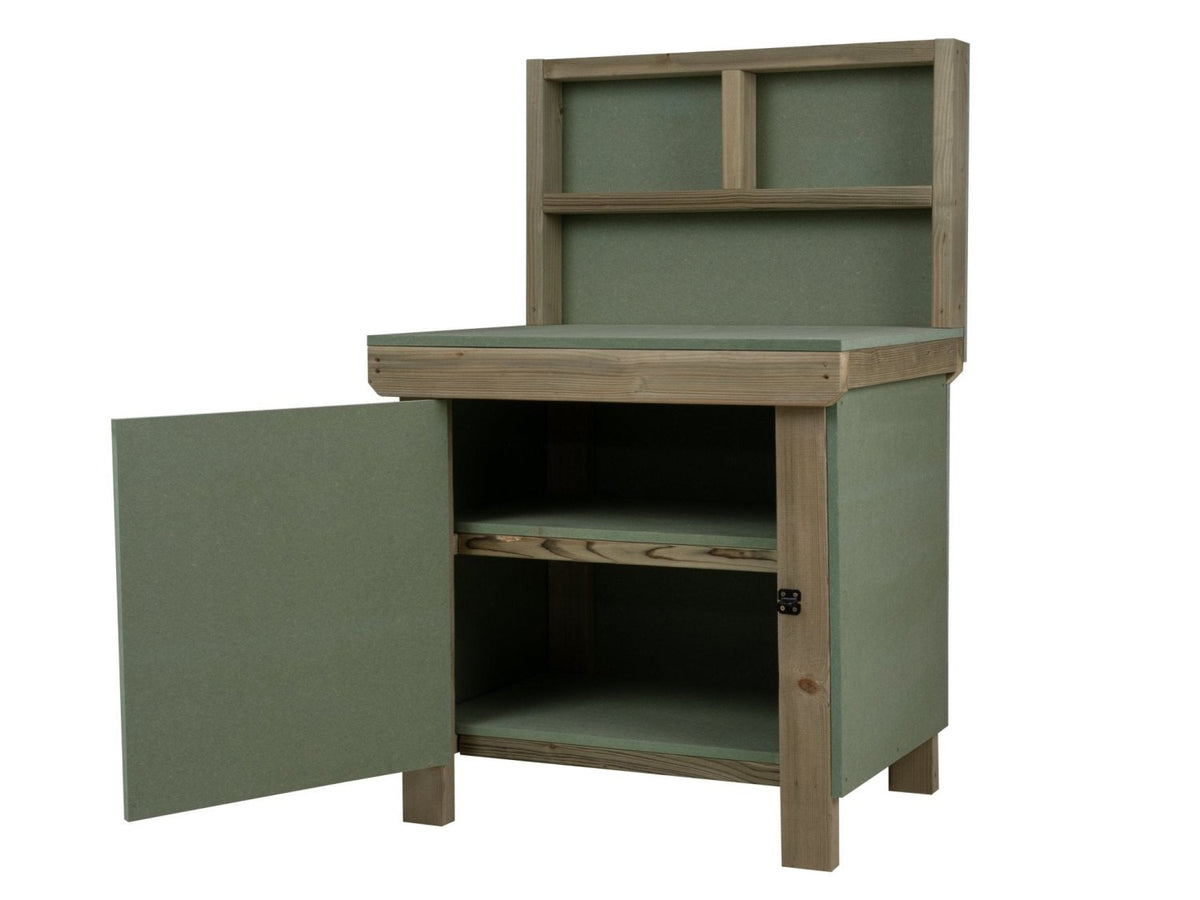 Wooden UniMDF Moisture Resistant Workbench With Lockable Cupboard (V.9) With Back panel, Double shelf - SGP Garden Ltd
