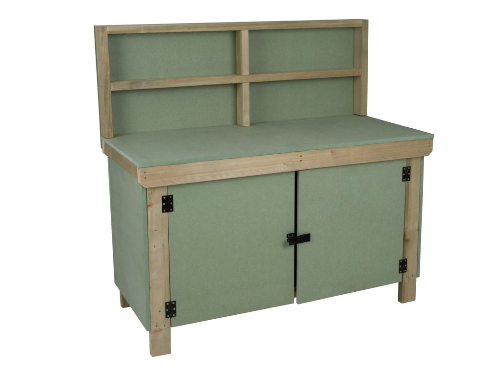 Wooden UniMDF Moisture Resistant Workbench With Lockable Cupboard (V.9) With Back panel, Double shelf - SGP Garden Ltd