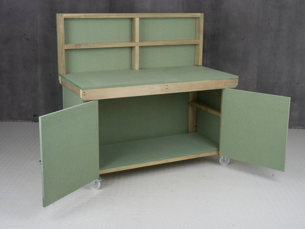 Wooden UniMDF Moisture Resistant Workbench With Lockable Cupboard (V.9) With Back panel, Wheels - SGP Garden Ltd