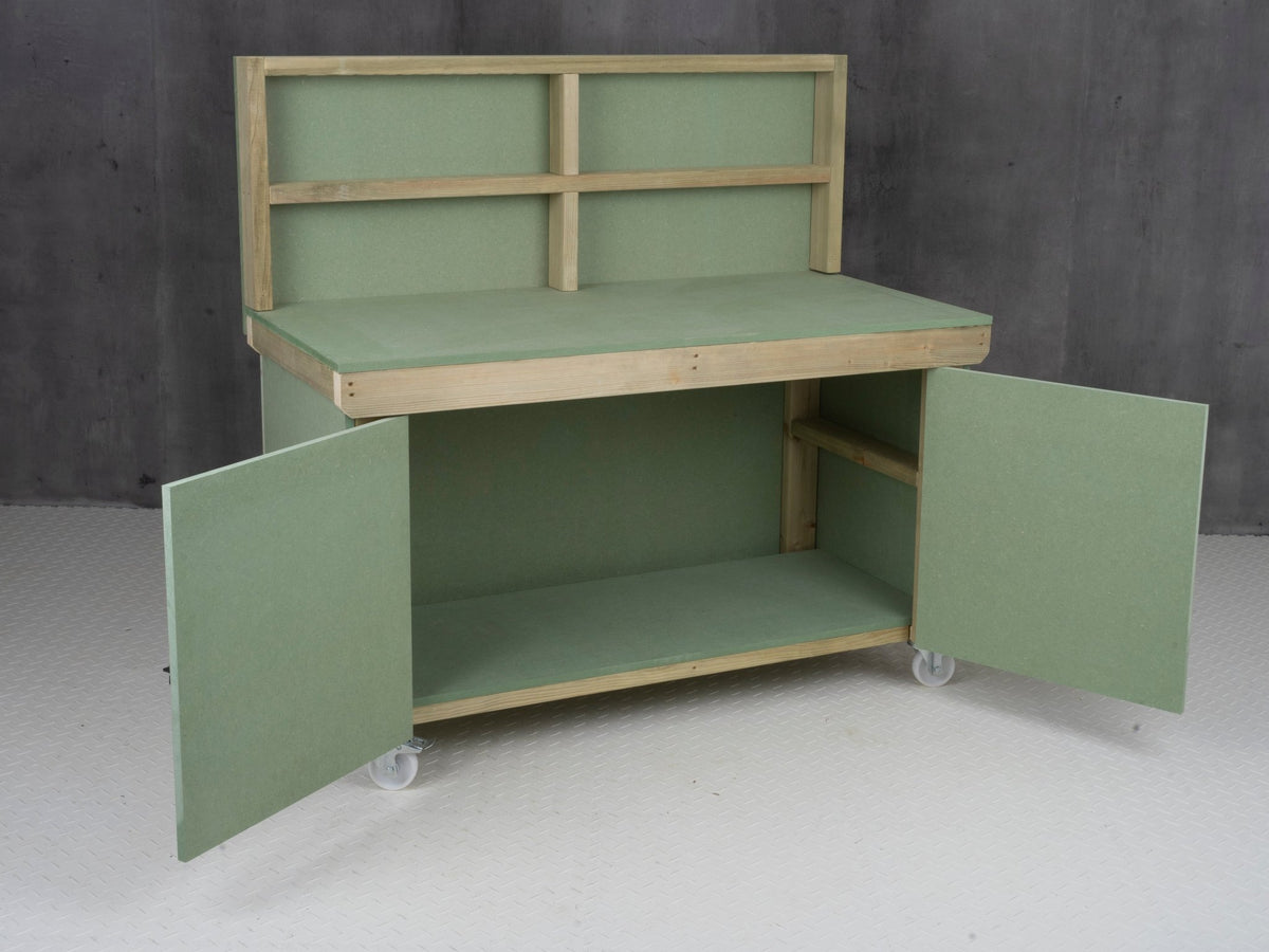 Wooden UniMDF Moisture Resistant Workbench With Lockable Cupboard (V.9) With Back panel, Wheels - SGP Garden Ltd