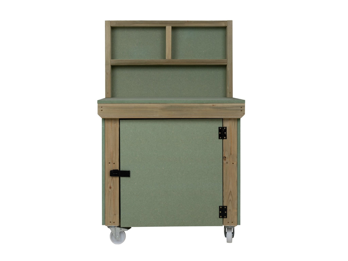 Wooden UniMDF Moisture Resistant Workbench With Lockable Cupboard (V.9) With Back panel, Wheels - SGP Garden Ltd