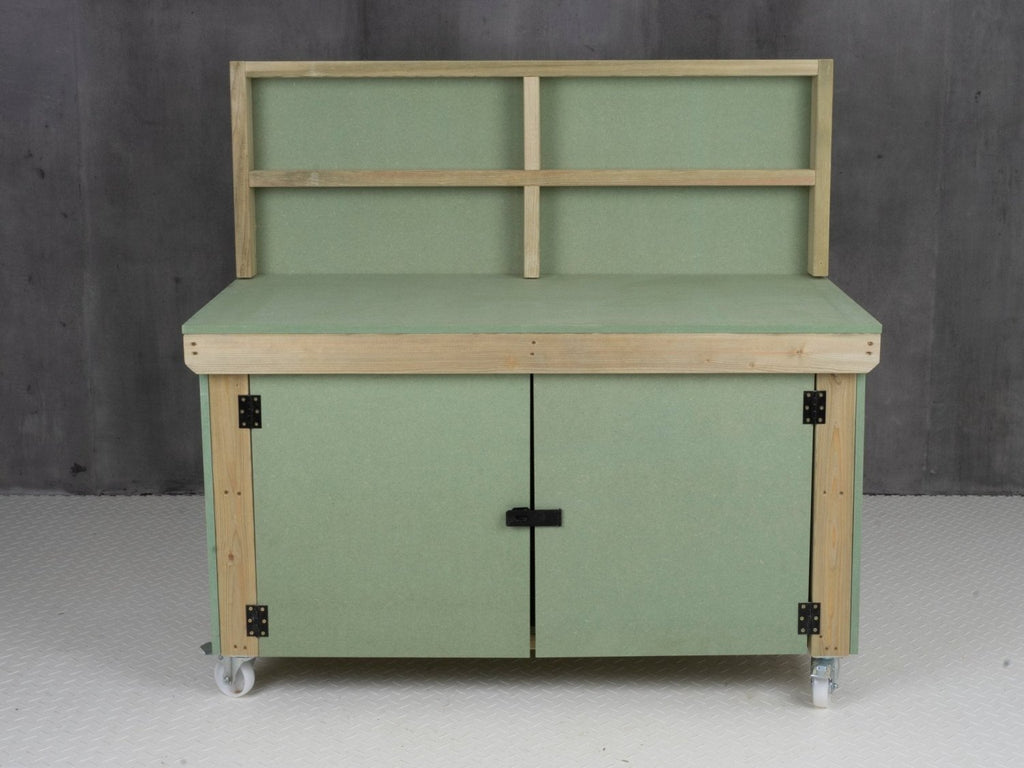 Wooden UniMDF Moisture Resistant Workbench With Lockable Cupboard (V.9) With Back panel, Wheels - SGP Garden Ltd
