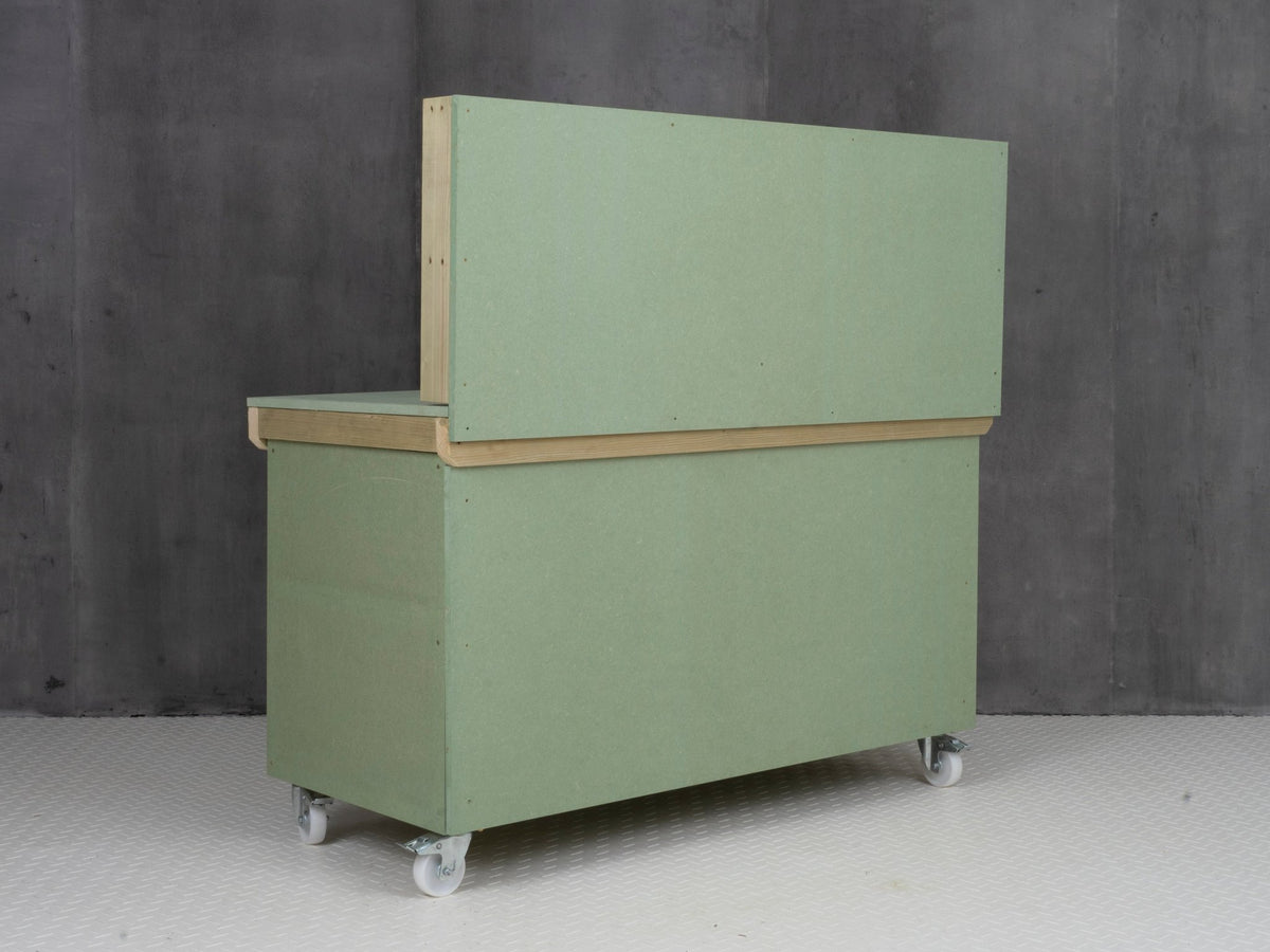 Wooden UniMDF Moisture Resistant Workbench With Lockable Cupboard (V.9) With Back panel, Wheels - SGP Garden Ltd