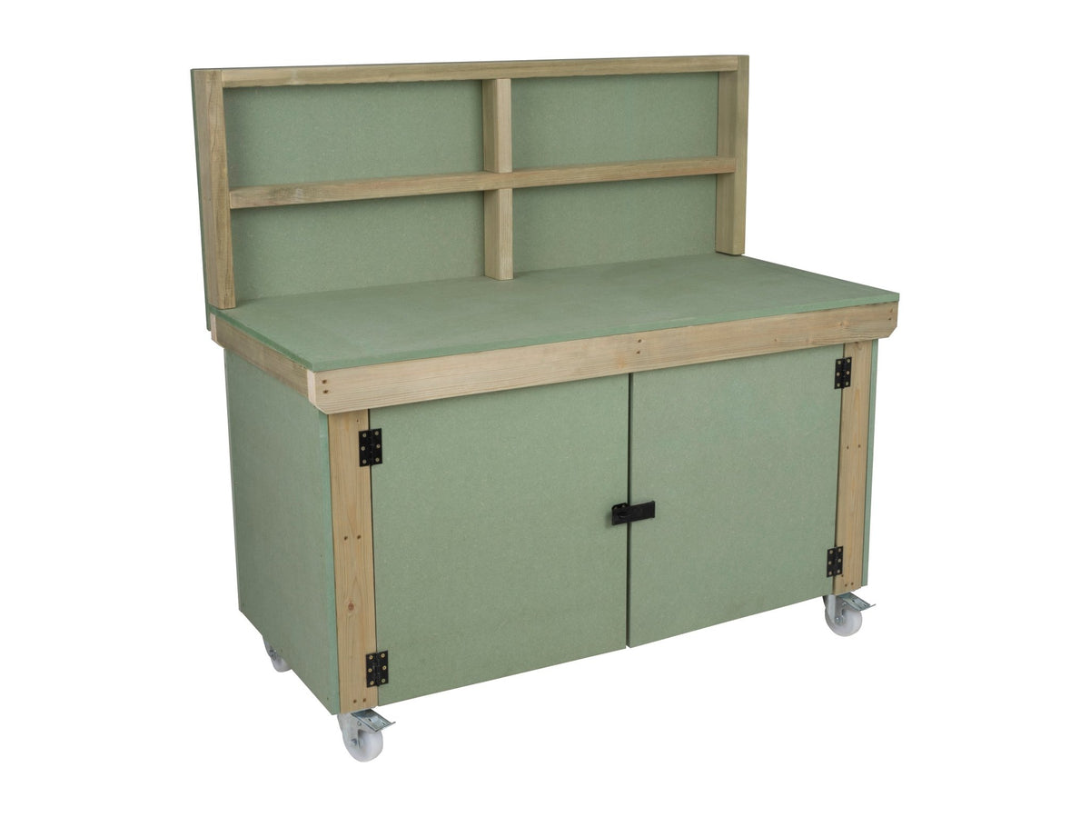 Wooden UniMDF Moisture Resistant Workbench With Lockable Cupboard (V.9) With Back panel, Wheels - SGP Garden Ltd