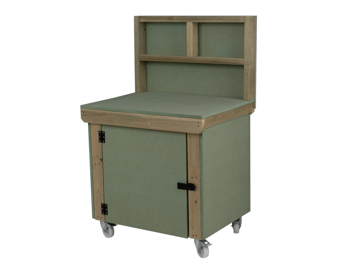 Wooden UniMDF Moisture Resistant Workbench With Lockable Cupboard (V.9) With Back panel, Wheels - SGP Garden Ltd