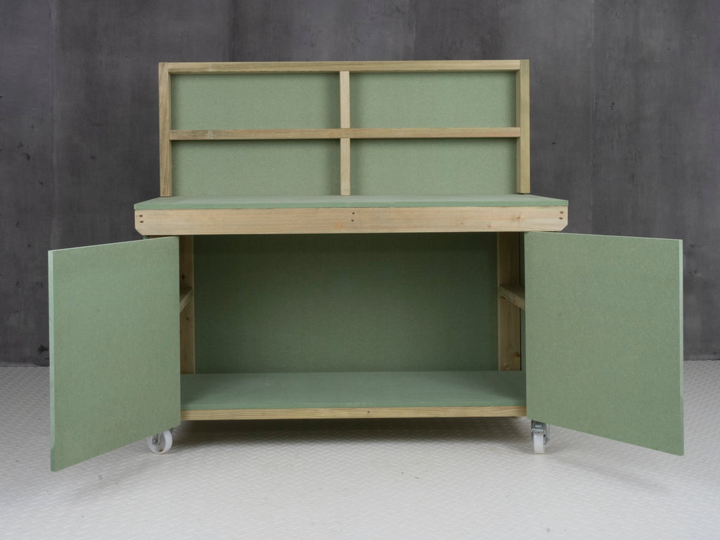 Wooden UniMDF Moisture Resistant Workbench With Lockable Cupboard (V.9) With Back panel, Wheels - SGP Garden Ltd