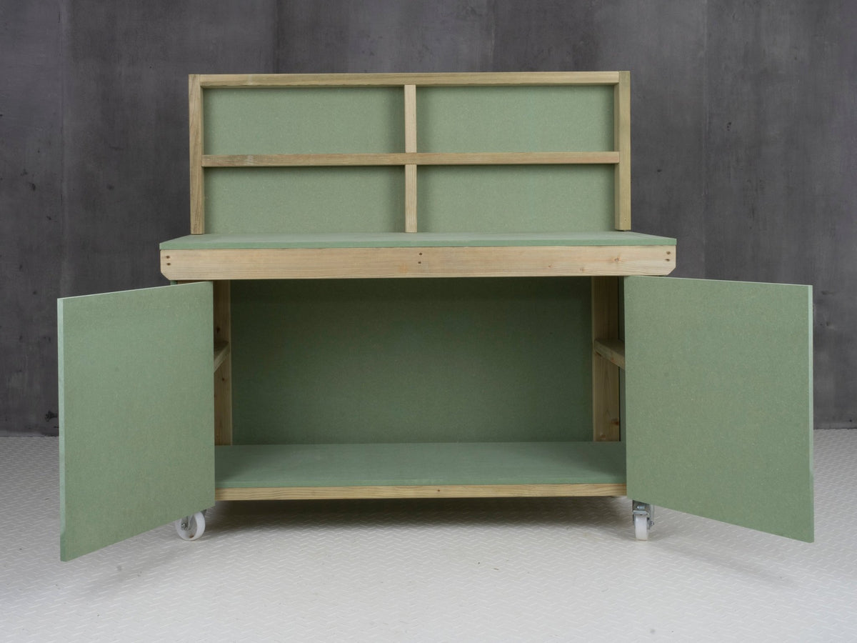 Wooden UniMDF Moisture Resistant Workbench With Lockable Cupboard (V.9) With Back panel, Wheels - SGP Garden Ltd
