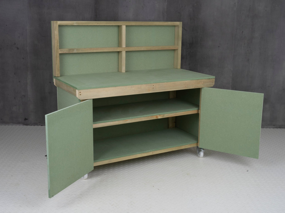 Wooden UniMDF Moisture Resistant Workbench With Lockable Cupboard (V.9) With Back panel, Wheels, Double shelf - SGP Garden Ltd