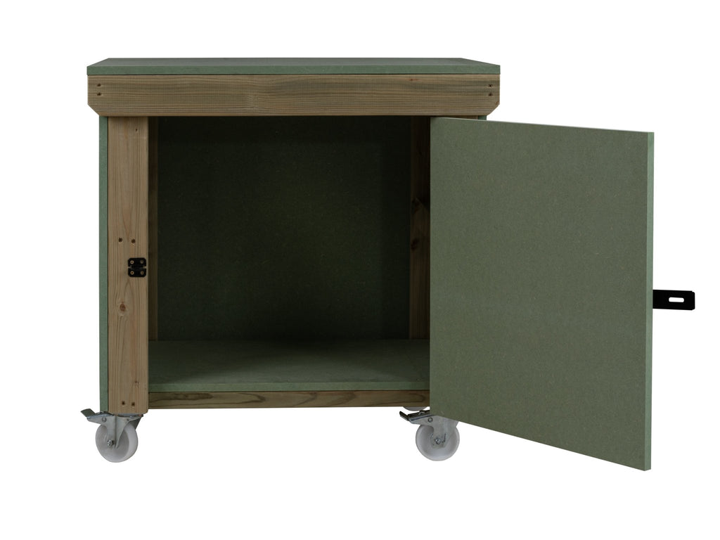 Wooden UniMDF Moisture Resistant Workbench With Lockable Cupboard (V.9) With Wheels - SGP Garden Ltd