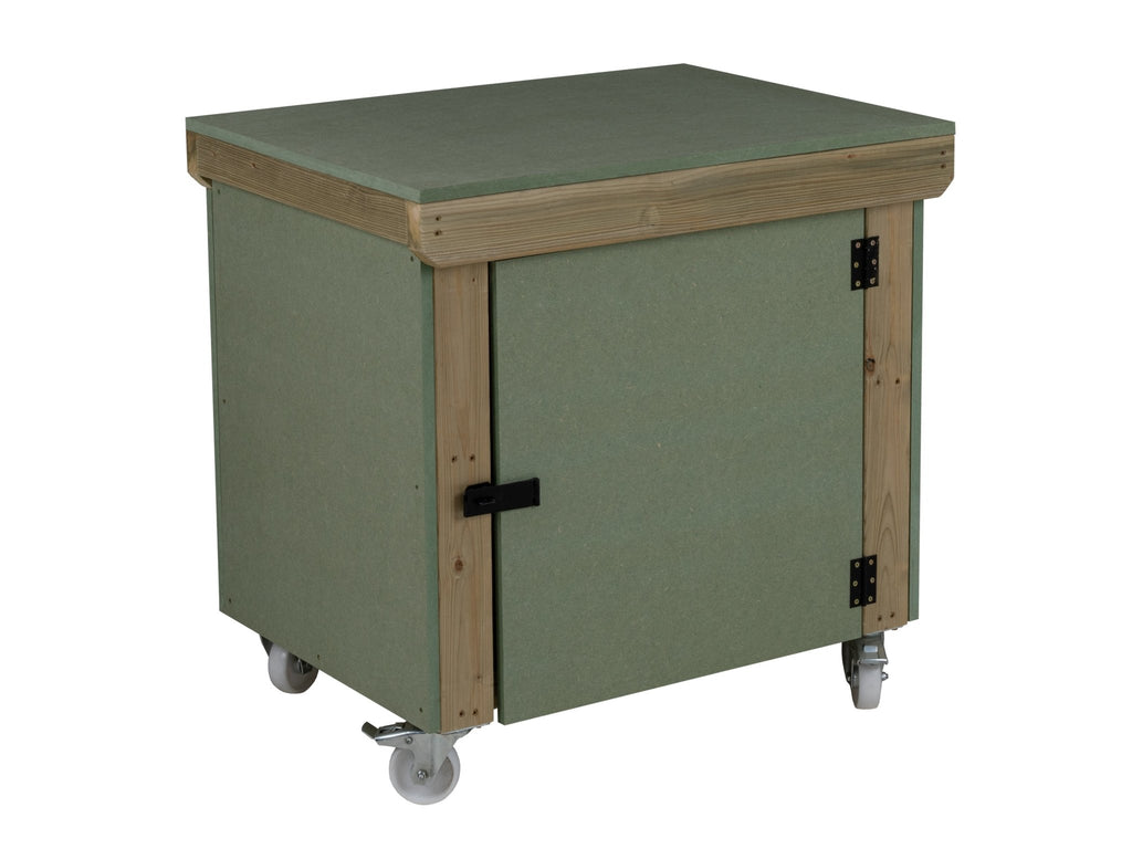 Wooden UniMDF Moisture Resistant Workbench With Lockable Cupboard (V.9) With Wheels - SGP Garden Ltd