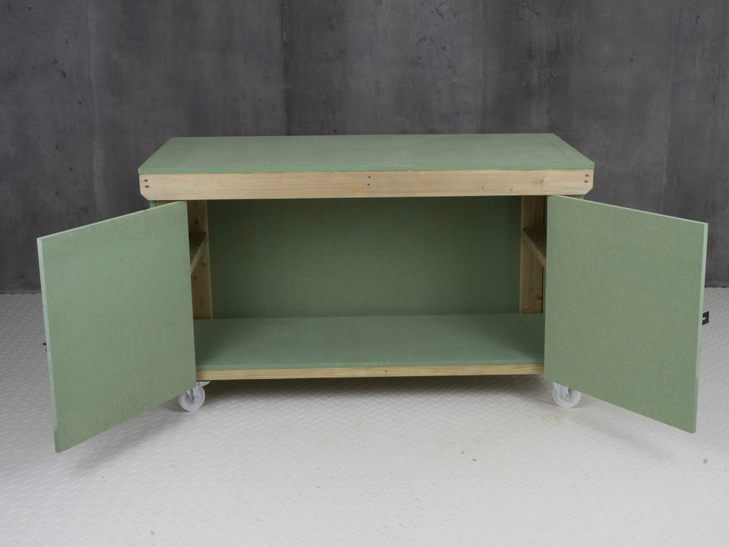 Wooden UniMDF Moisture Resistant Workbench With Lockable Cupboard (V.9) With Wheels - SGP Garden Ltd