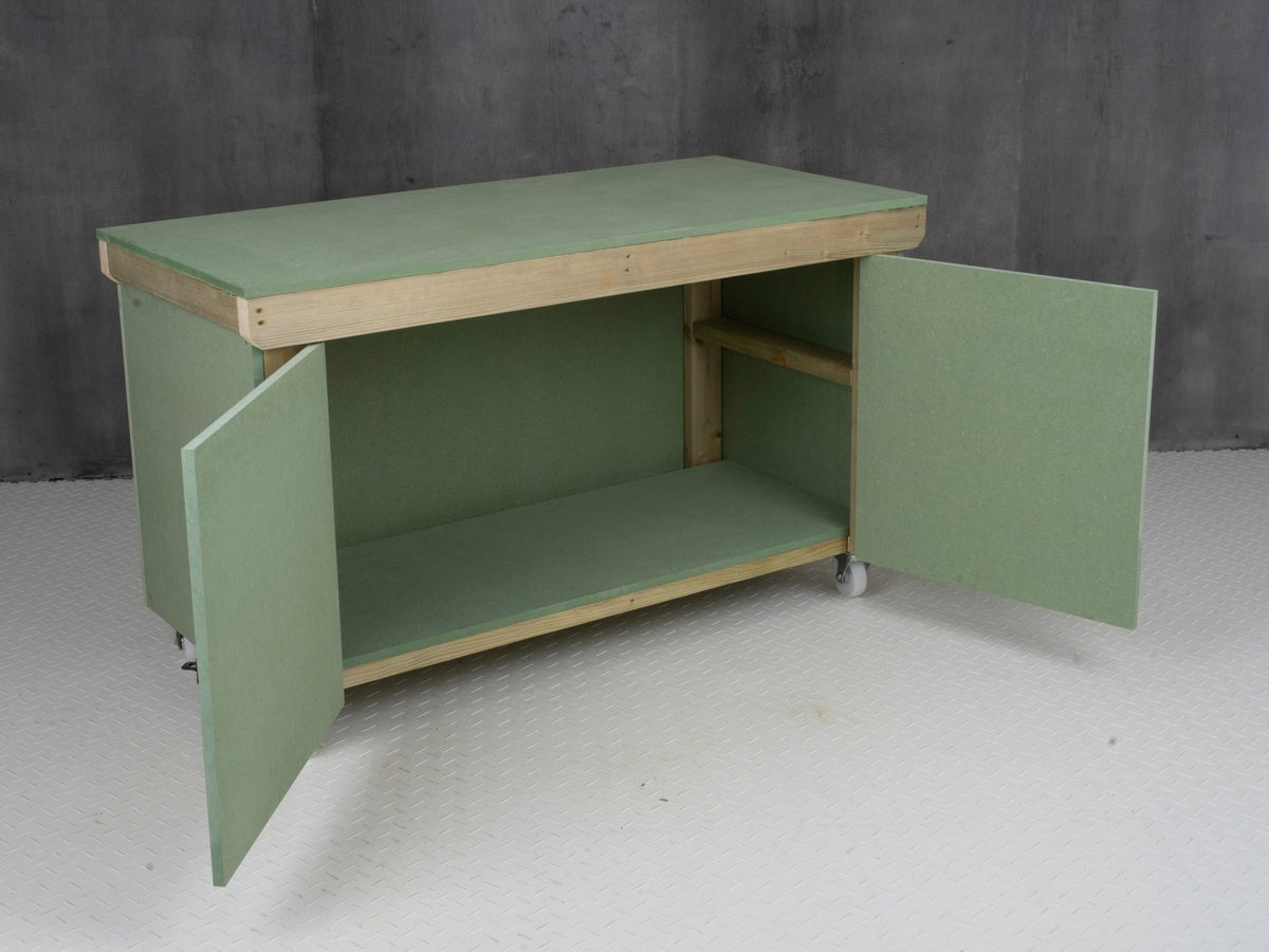 Wooden UniMDF Moisture Resistant Workbench With Lockable Cupboard (V.9) With Wheels - SGP Garden Ltd