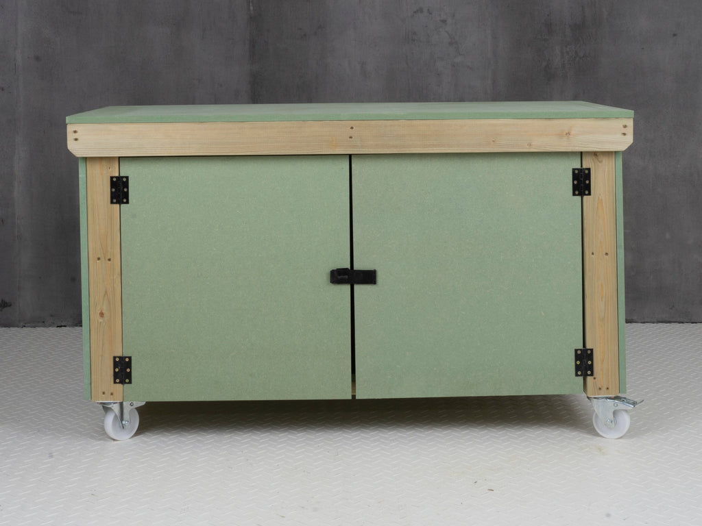 Wooden UniMDF Moisture Resistant Workbench With Lockable Cupboard (V.9) With Wheels - SGP Garden Ltd