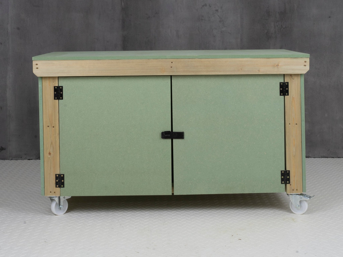 Wooden UniMDF Moisture Resistant Workbench With Lockable Cupboard (V.9) With Wheels - SGP Garden Ltd