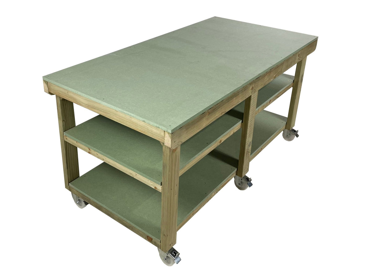 Wooden UniMDF Top Workbench Depth-4ft With Wheels and Double Shelf - SGP Garden Ltd