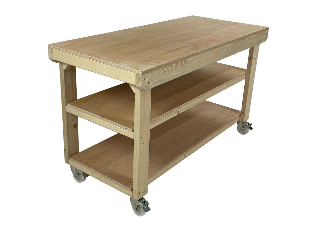 Wooden Workbench 18mm Eucalyptus Hardwood Top Double Shelf And Wheels - SGP Garden Ltd