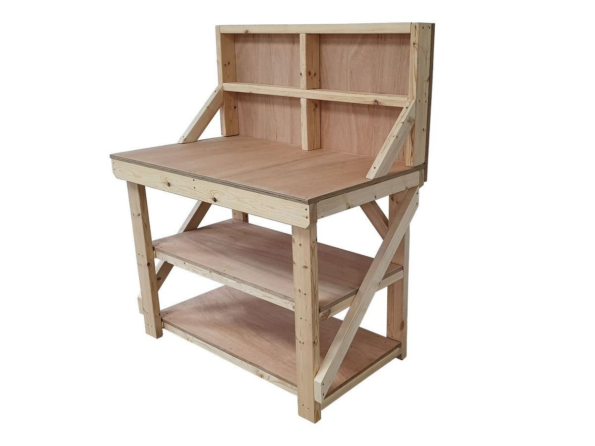 Wooden Workbench 18mm Eucalyptus Hardwood Top With Back Panel And Double Shelf - SGP Garden Ltd