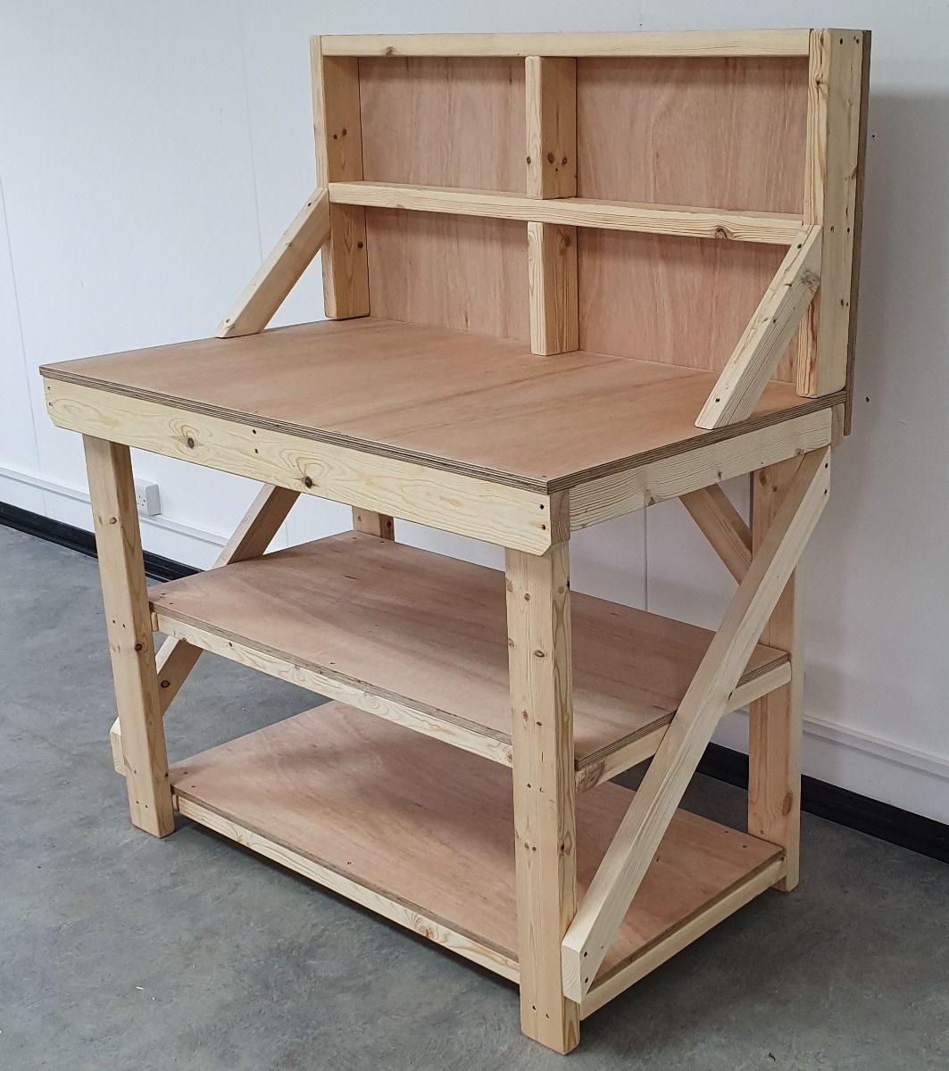 Wooden Workbench 18mm Eucalyptus Hardwood Top With Back Panel And Double Shelf - SGP Garden Ltd