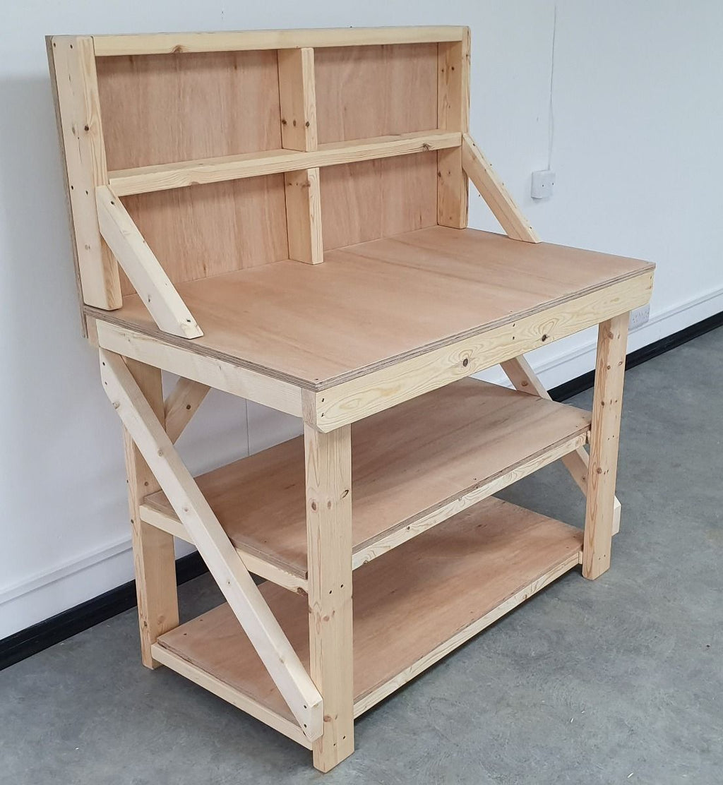 Wooden Workbench 18mm Eucalyptus Hardwood Top With Back Panel And Double Shelf - SGP Garden Ltd