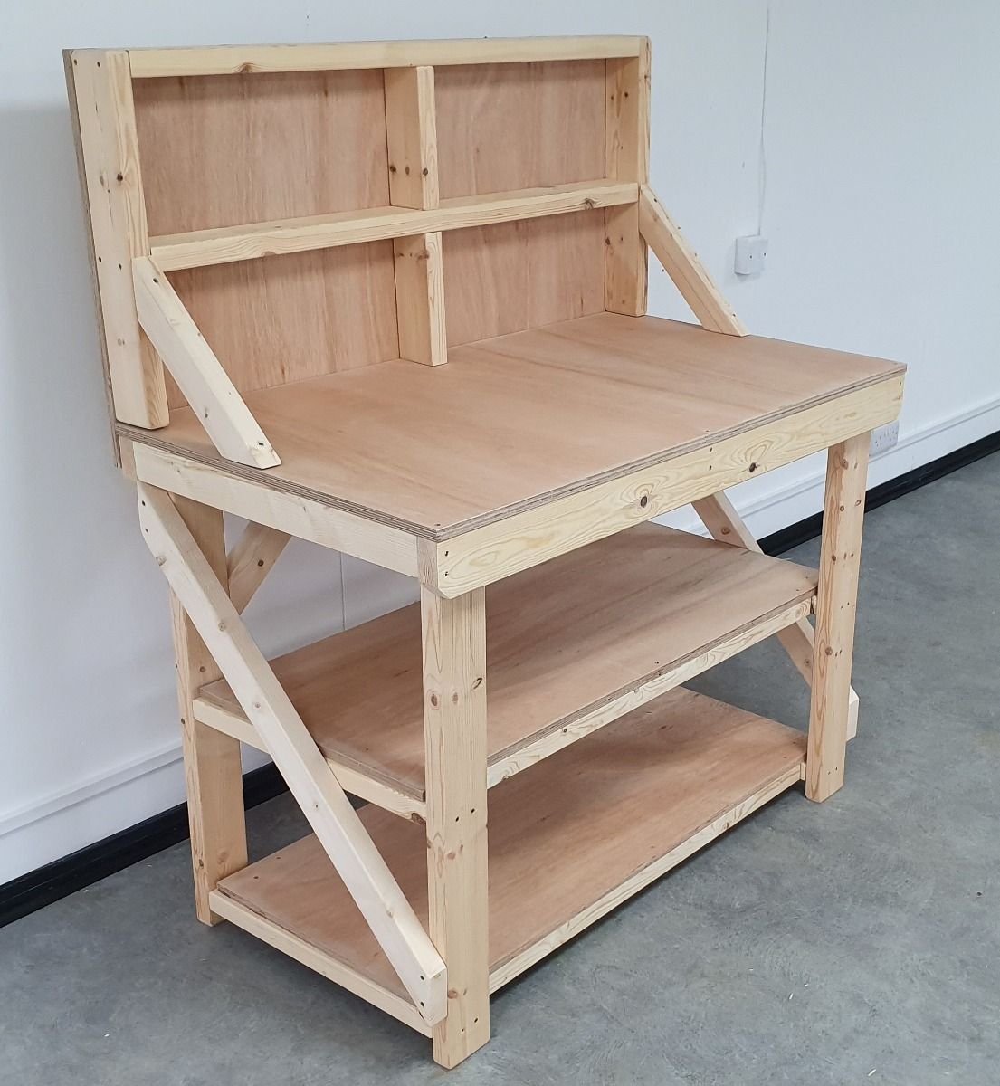 Wooden Workbench 18mm Eucalyptus Hardwood Top With Back Panel And Double Shelf - SGP Garden Ltd