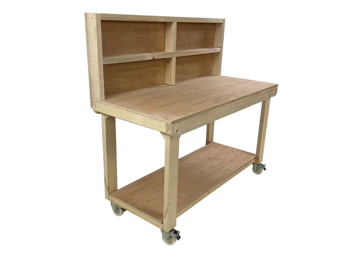 Wooden Workbench 18mm Eucalyptus Hardwood Top With Back Panel And Wheels - SGP Garden Ltd