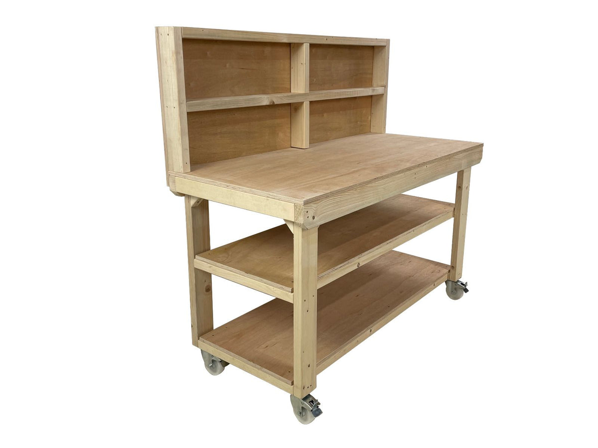 Wooden Workbench 18mm Eucalyptus Hardwood Top With Back Panel, Double Shelf And Wheels - SGP Garden Ltd