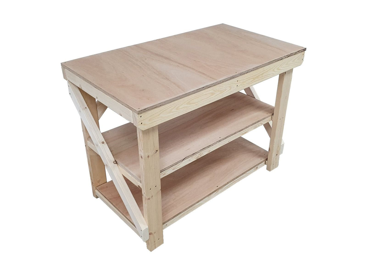 Wooden Workbench 18mm Eucalyptus Hardwood Top With Double Shelf - SGP Garden Ltd