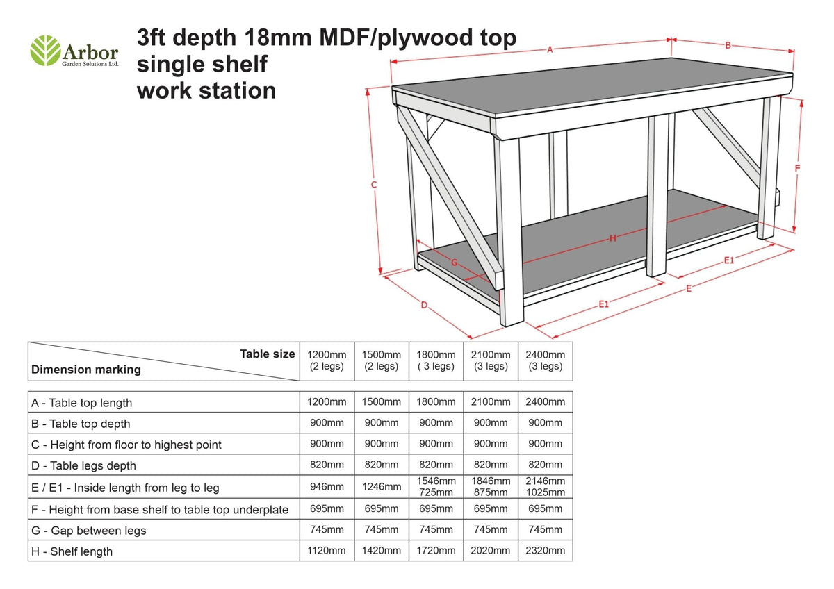 Wooden Workbench Eucalyptus Hardwood Top Depth-3ft - SGP Garden Ltd