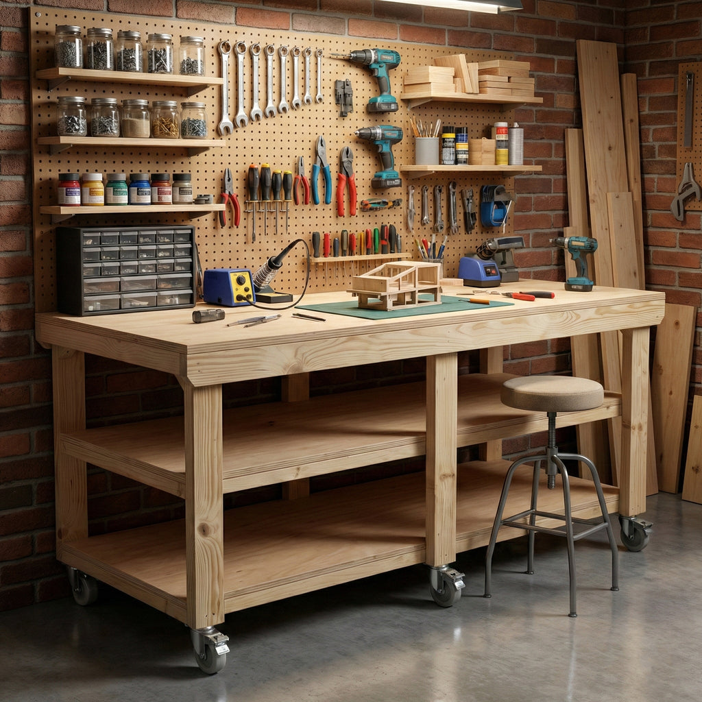 Wooden Workbench Eucalyptus Hardwood Top Depth-3ft Double Shelf and Wheels - SGP Garden Ltd