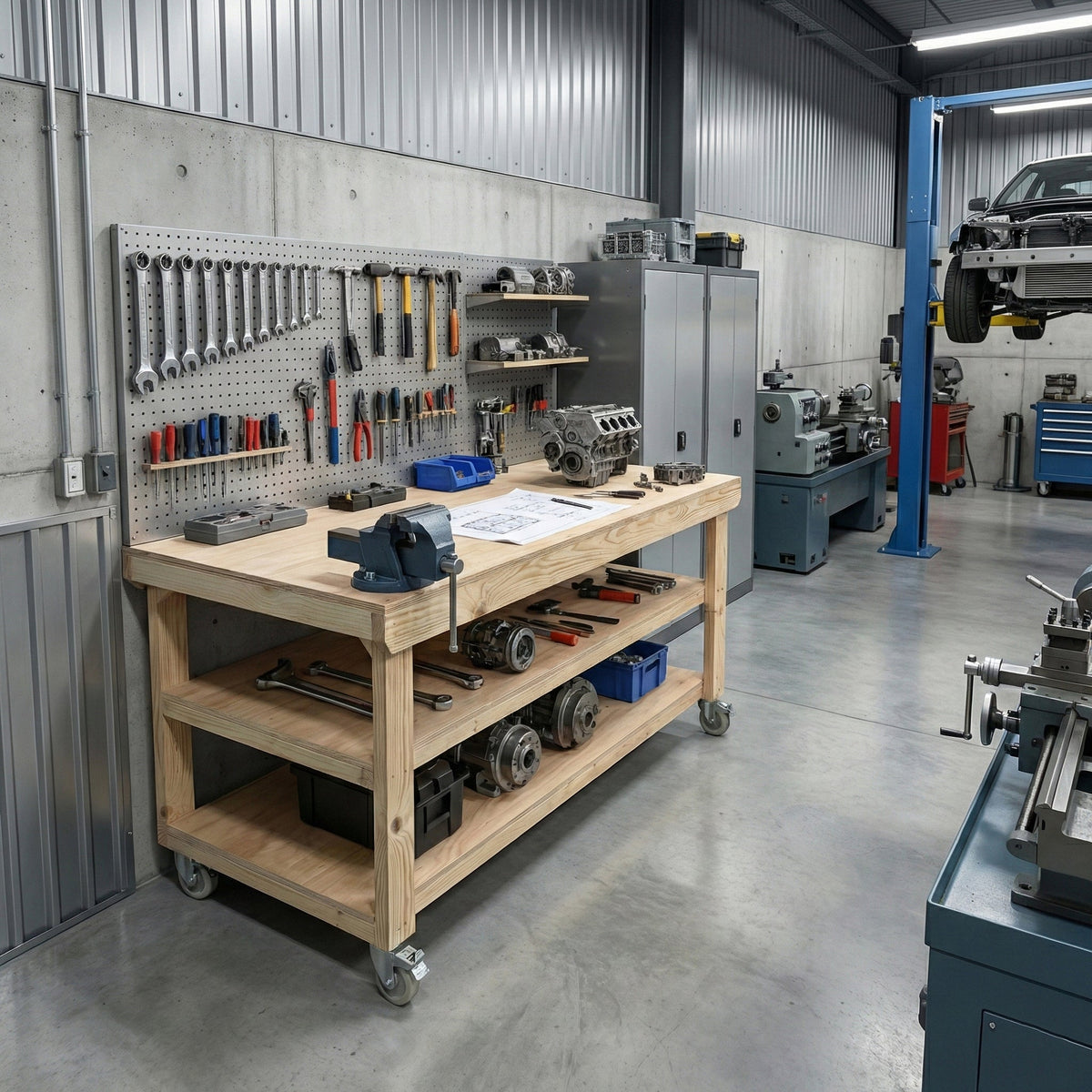 Wooden Workbench Eucalyptus Hardwood Top Depth-3ft Double Shelf and Wheels - SGP Garden Ltd