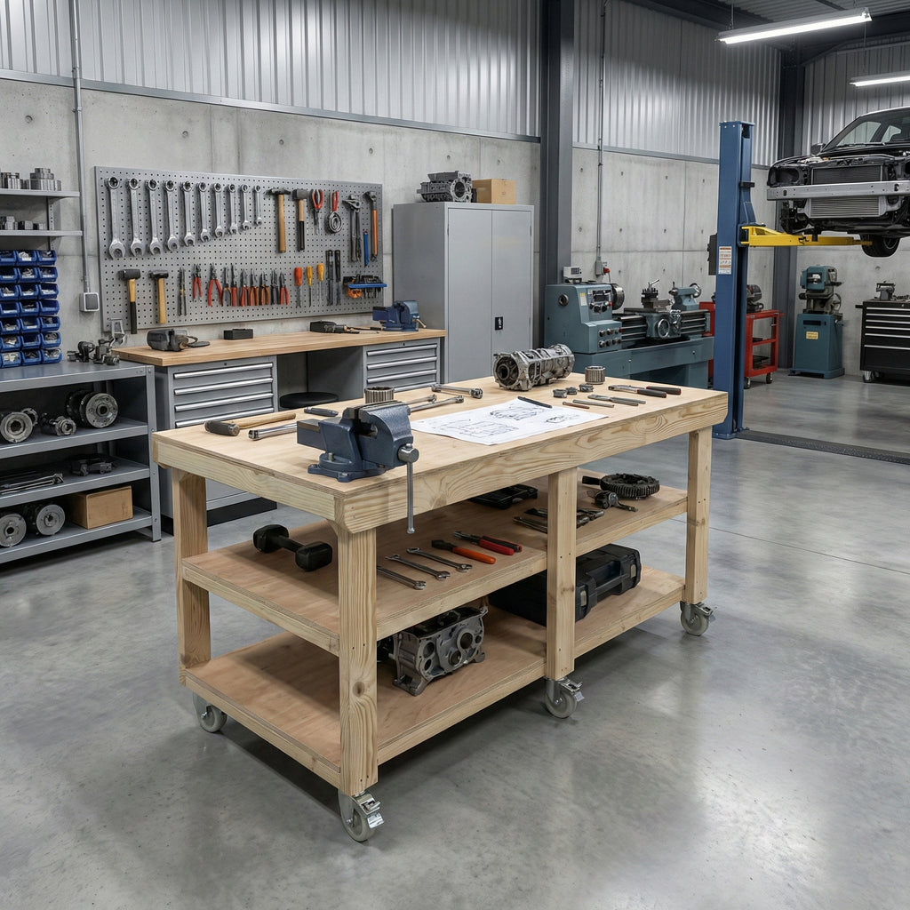 Wooden Workbench Eucalyptus Hardwood Top Depth-3ft Double Shelf and Wheels - SGP Garden Ltd