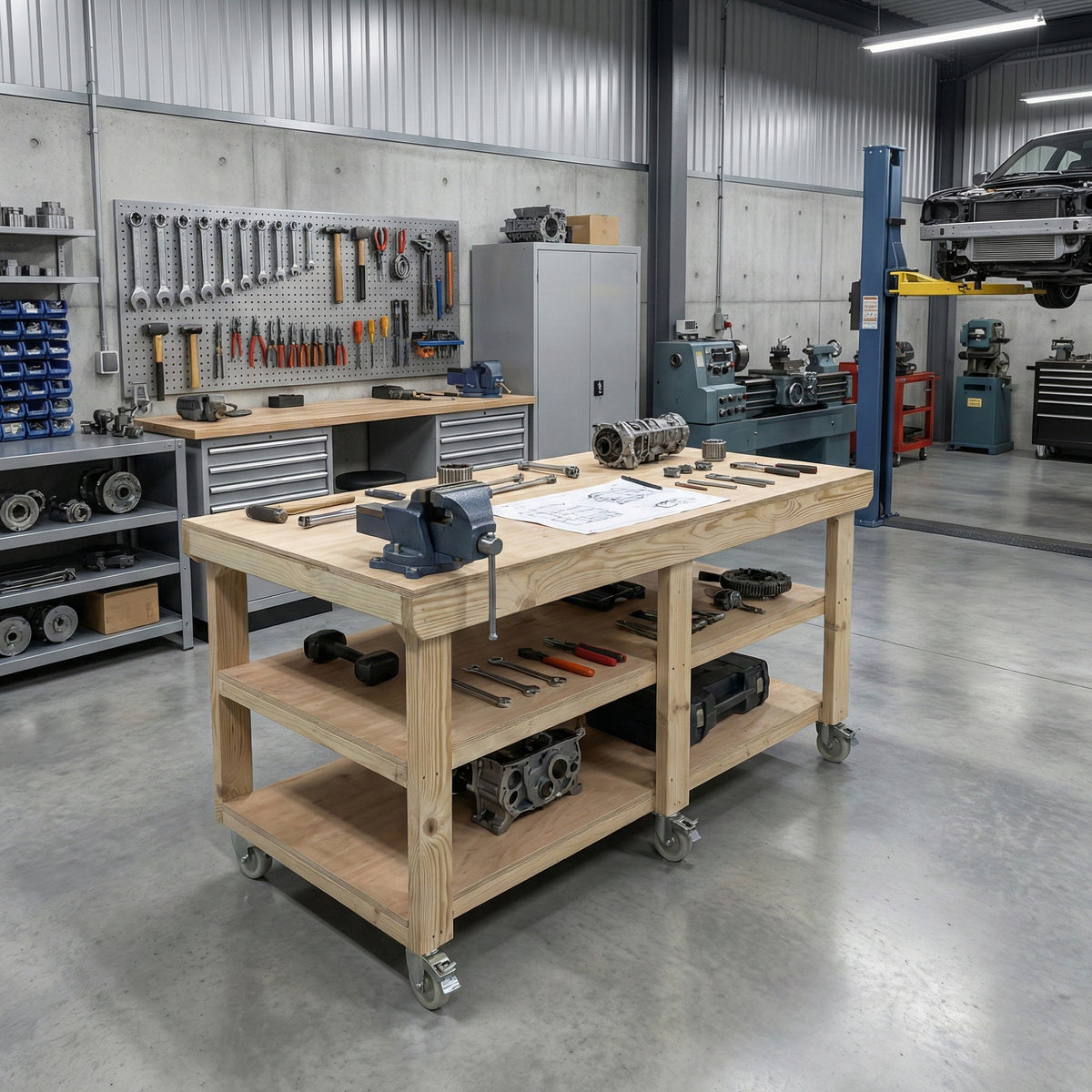 Wooden Workbench Eucalyptus Hardwood Top Depth-3ft Double Shelf and Wheels - SGP Garden Ltd
