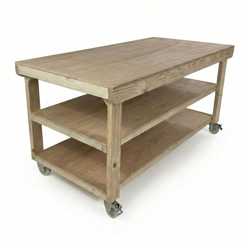 Wooden Workbench Eucalyptus Hardwood Top Depth-3ft Double Shelf and Wheels - SGP Garden Ltd