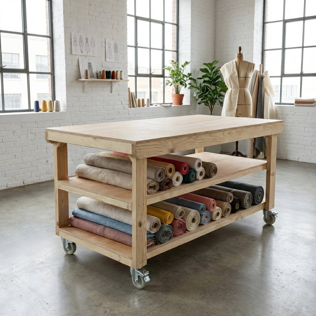 Wooden Workbench Eucalyptus Hardwood Top Depth-3ft Double Shelf and Wheels - SGP Garden Ltd