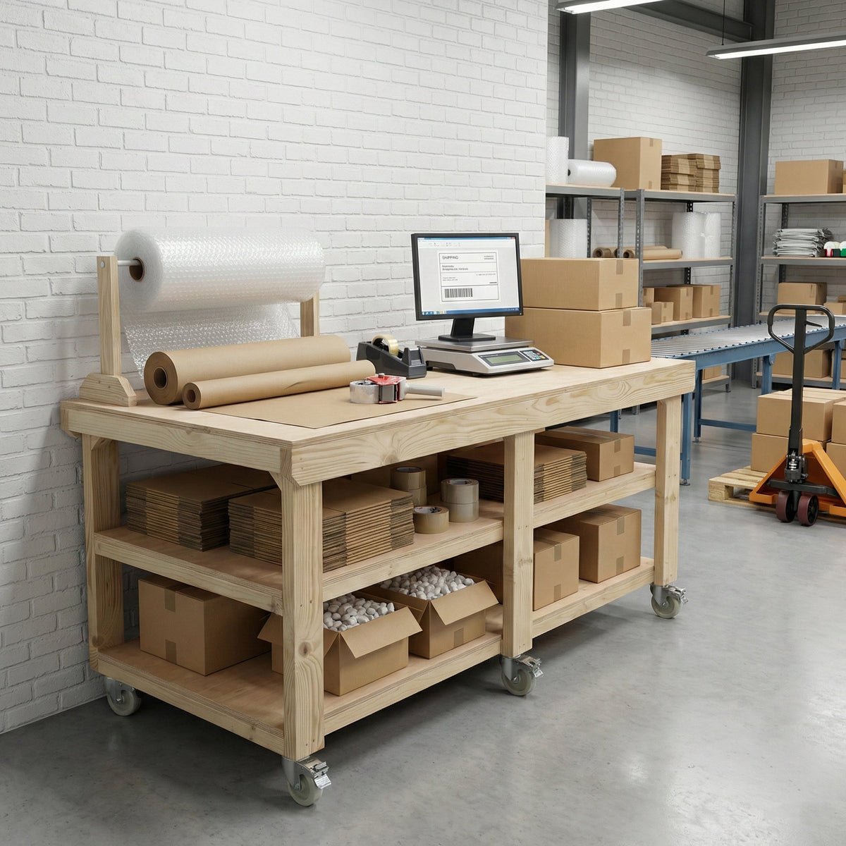 Wooden Workbench Eucalyptus Hardwood Top Depth-3ft Double Shelf and Wheels - SGP Garden Ltd
