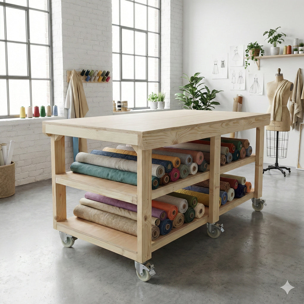 Wooden Workbench Eucalyptus Hardwood Top Depth-3ft Double Shelf and Wheels - SGP Garden Ltd