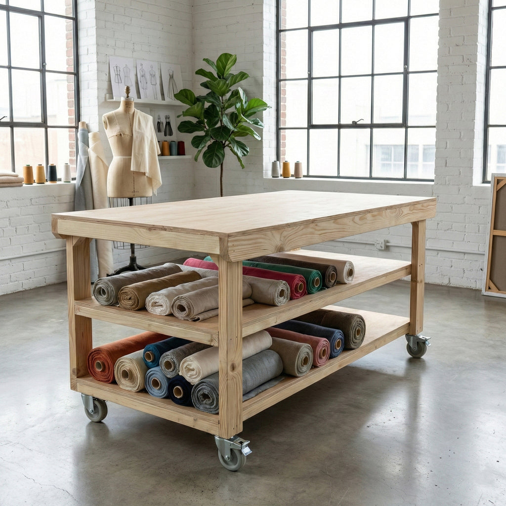 Wooden Workbench Eucalyptus Hardwood Top Depth-4ft Double Shelf and Wheels - SGP Garden Ltd