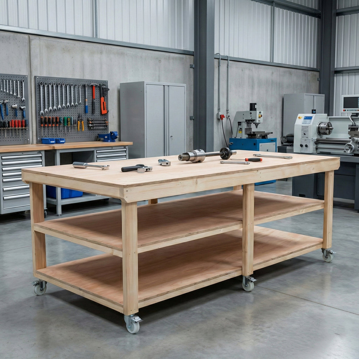 Wooden Workbench Eucalyptus Hardwood Top Depth-4ft Double Shelf and Wheels - SGP Garden Ltd