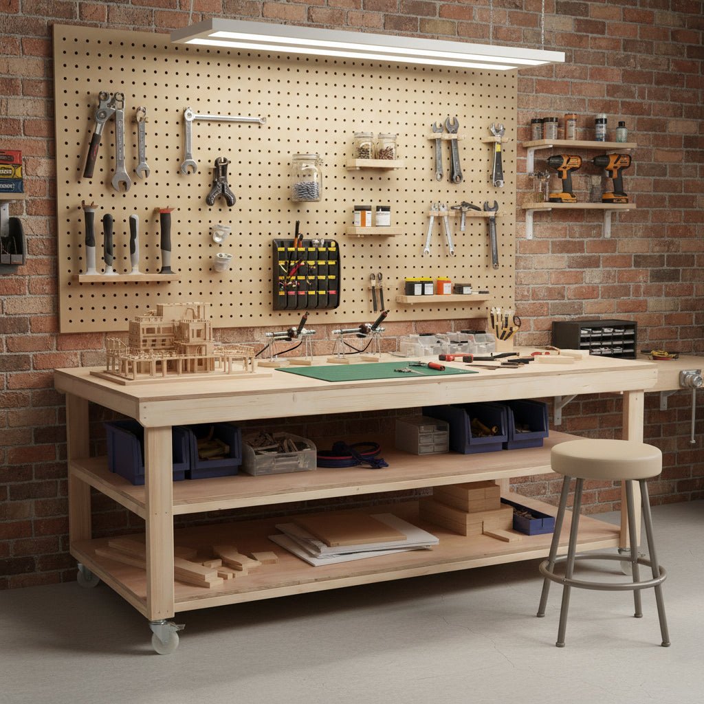 Wooden Workbench Eucalyptus Hardwood Top Depth-4ft Double Shelf and Wheels - SGP Garden Ltd