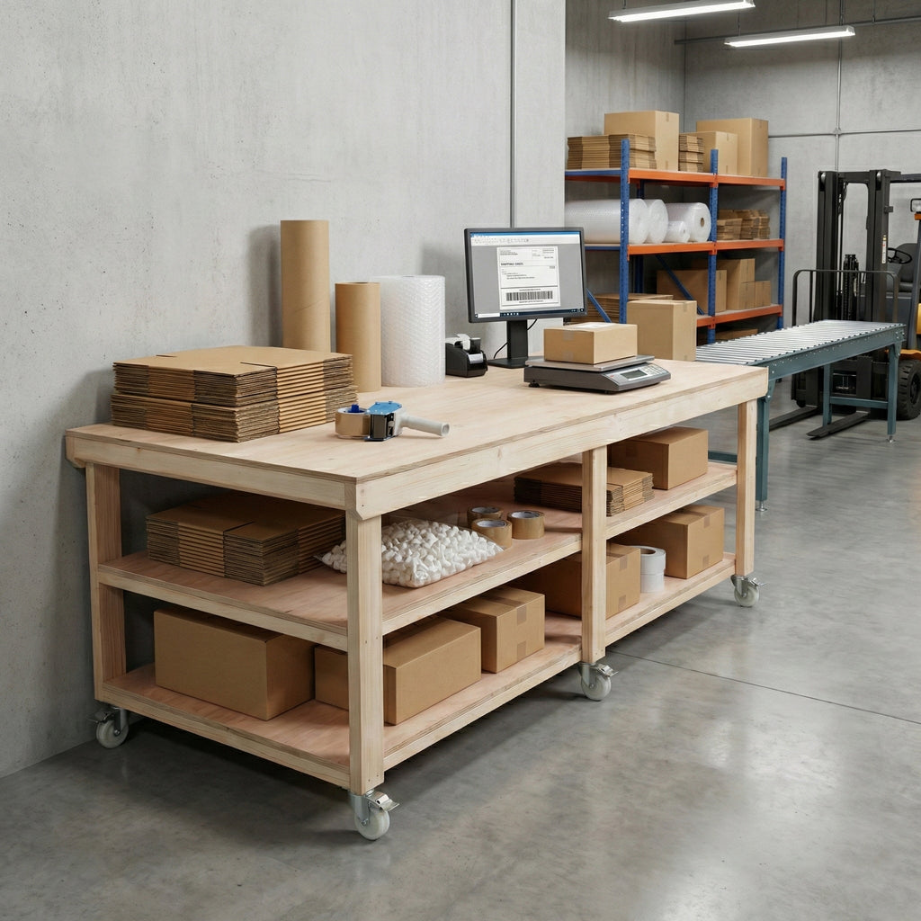 Wooden Workbench Eucalyptus Hardwood Top Depth-4ft Double Shelf and Wheels - SGP Garden Ltd