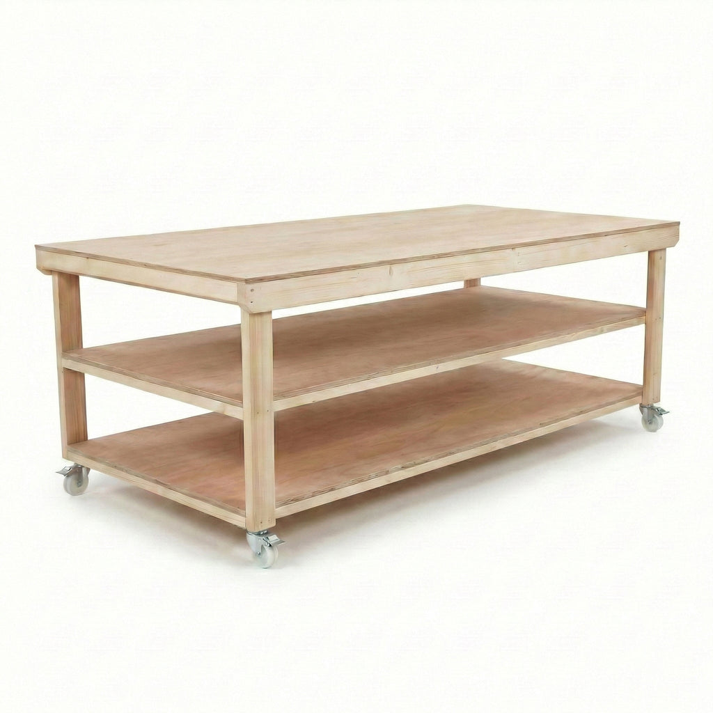Wooden Workbench Eucalyptus Hardwood Top Depth-4ft Double Shelf and Wheels - SGP Garden Ltd